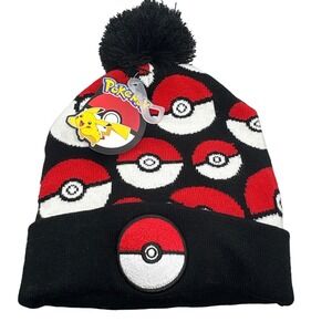Pokemon Beanie Hat Pokeball Pom Pom Knit Cap Gotta Catch‎ 'Em All OSFM